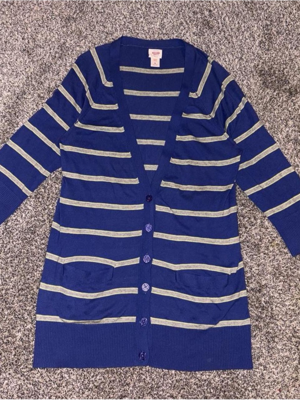 Y2K blue and grey striped cardigan with lime green accents